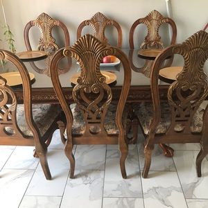 Wood dining table w/ glass & 6 chairs